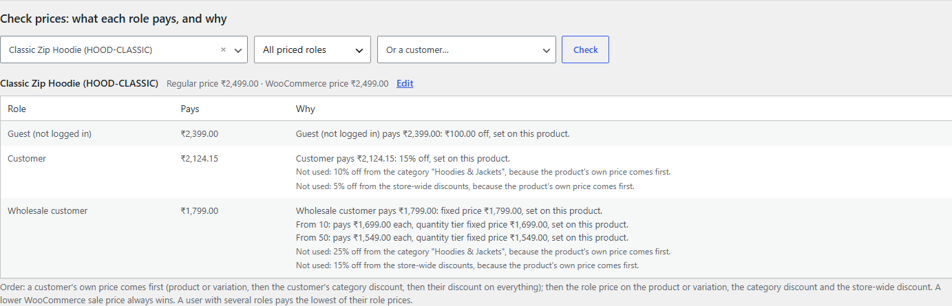 Check prices screen explaining what each role pays and which rules are not used