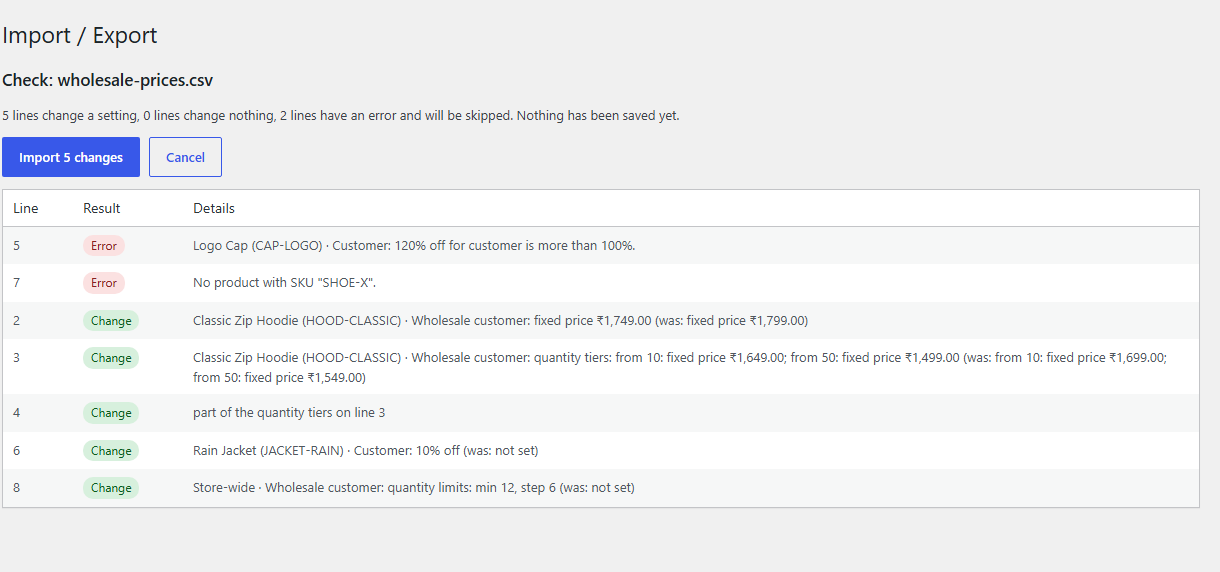 CSV import check showing each line's change before anything is saved