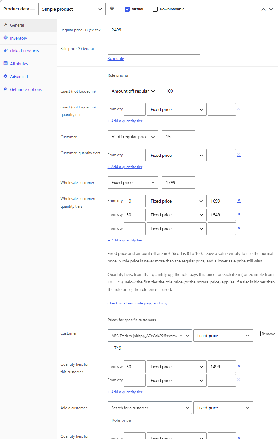 WooCommerce product editor with role prices, quantity tiers and prices for specific customers