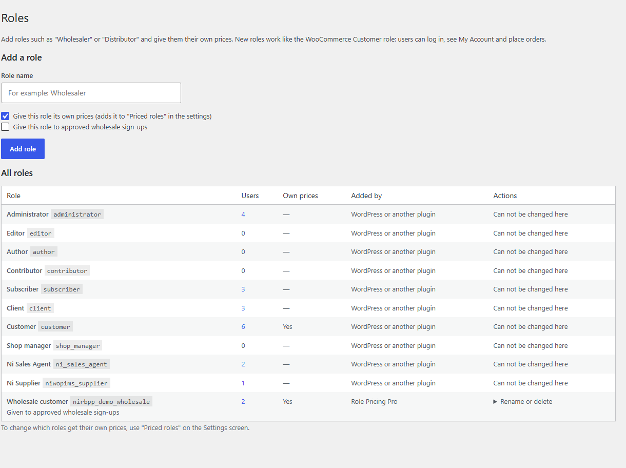 Role manager screen to add, rename and delete roles such as Wholesale customer
