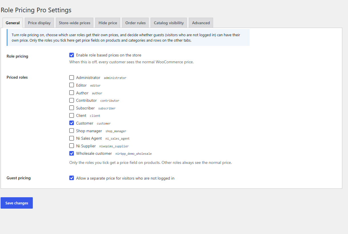 Role Based Pricing Pro settings screen with priced roles, price display and store-wide discounts