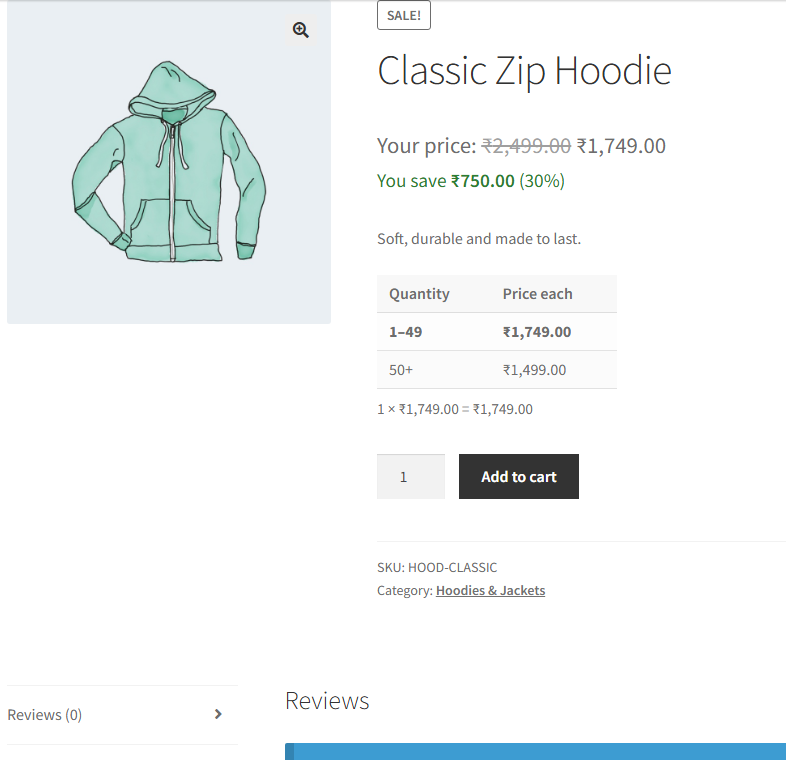 WooCommerce product page with a wholesale role price, You save line and bulk price table