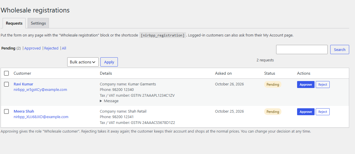 Wholesale registration requests with company details and Approve and Reject buttons