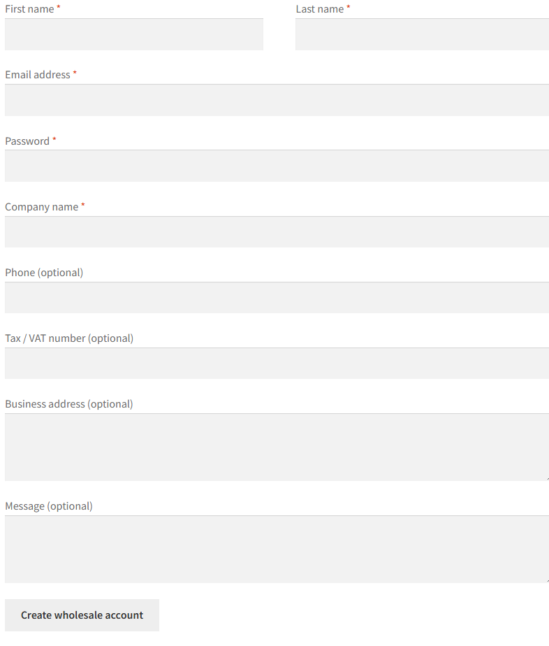 Wholesale sign-up form on the store with company, phone and tax number fields