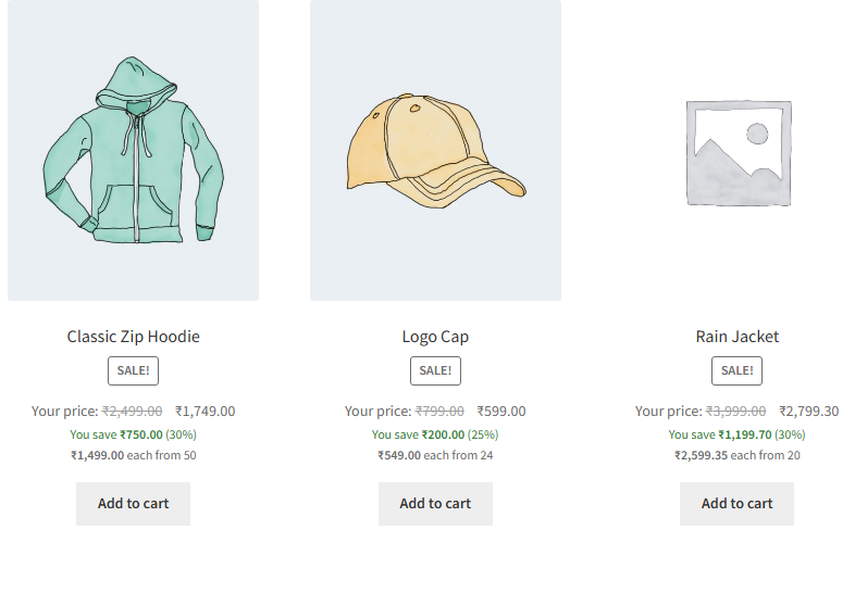 WooCommerce category page for a wholesale customer with You save and best bulk price under each product